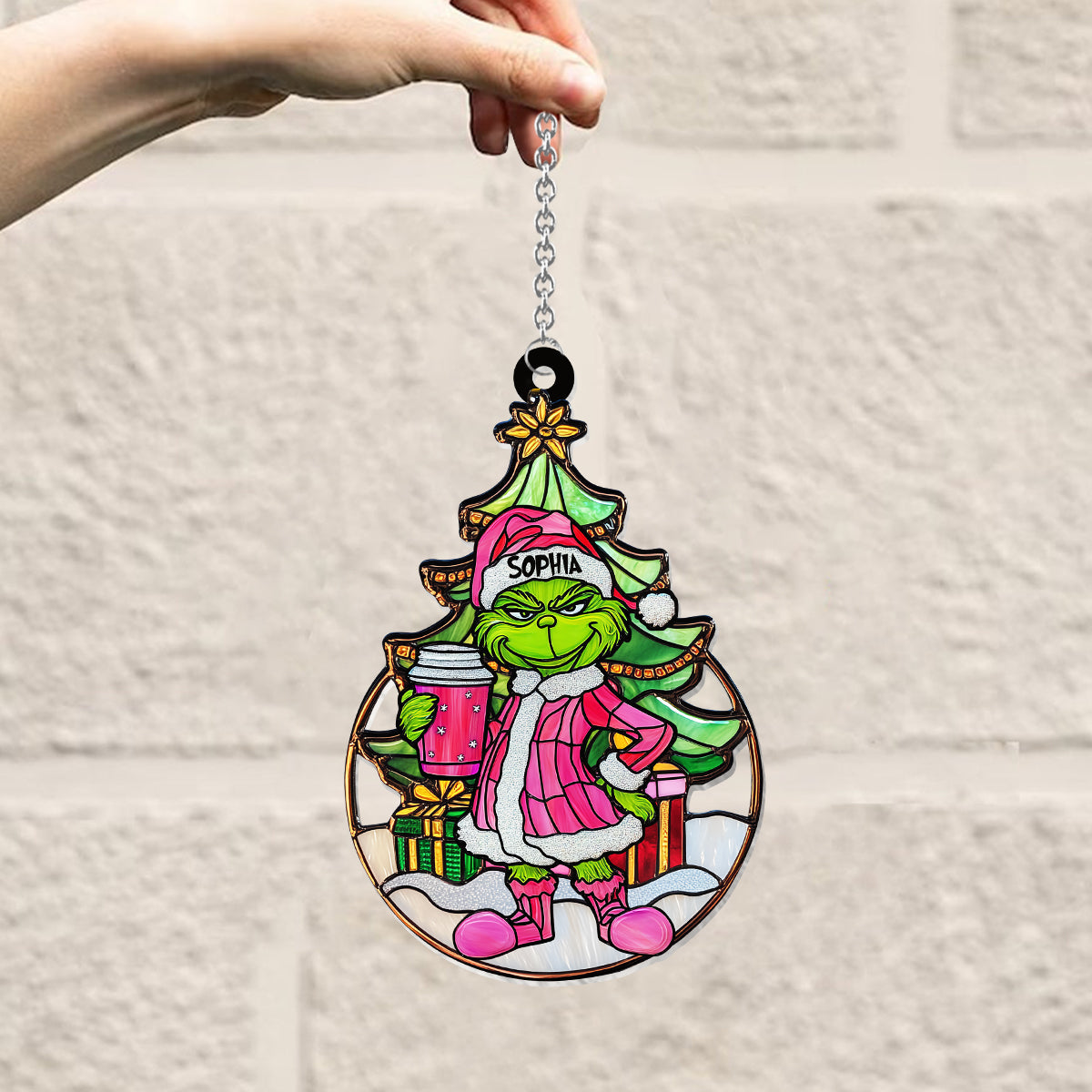 Grinchy Green Lady - Personalized Stole Christmas Window Hanging Suncatcher Ornament