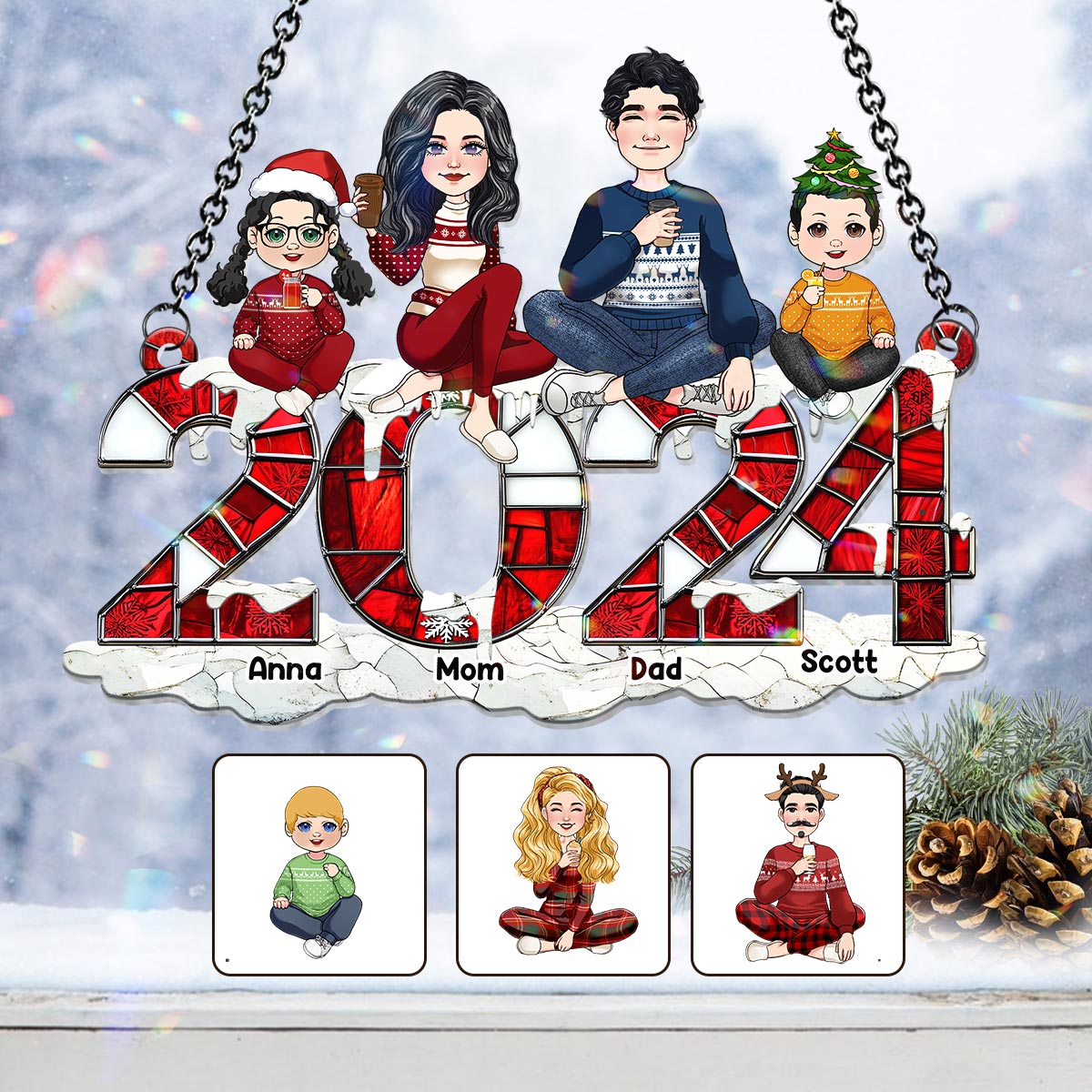 Noël 2024 - Décoration de Noël personnalisée pour toute la famille, attrape-soleil à suspendre à la fenêtre 