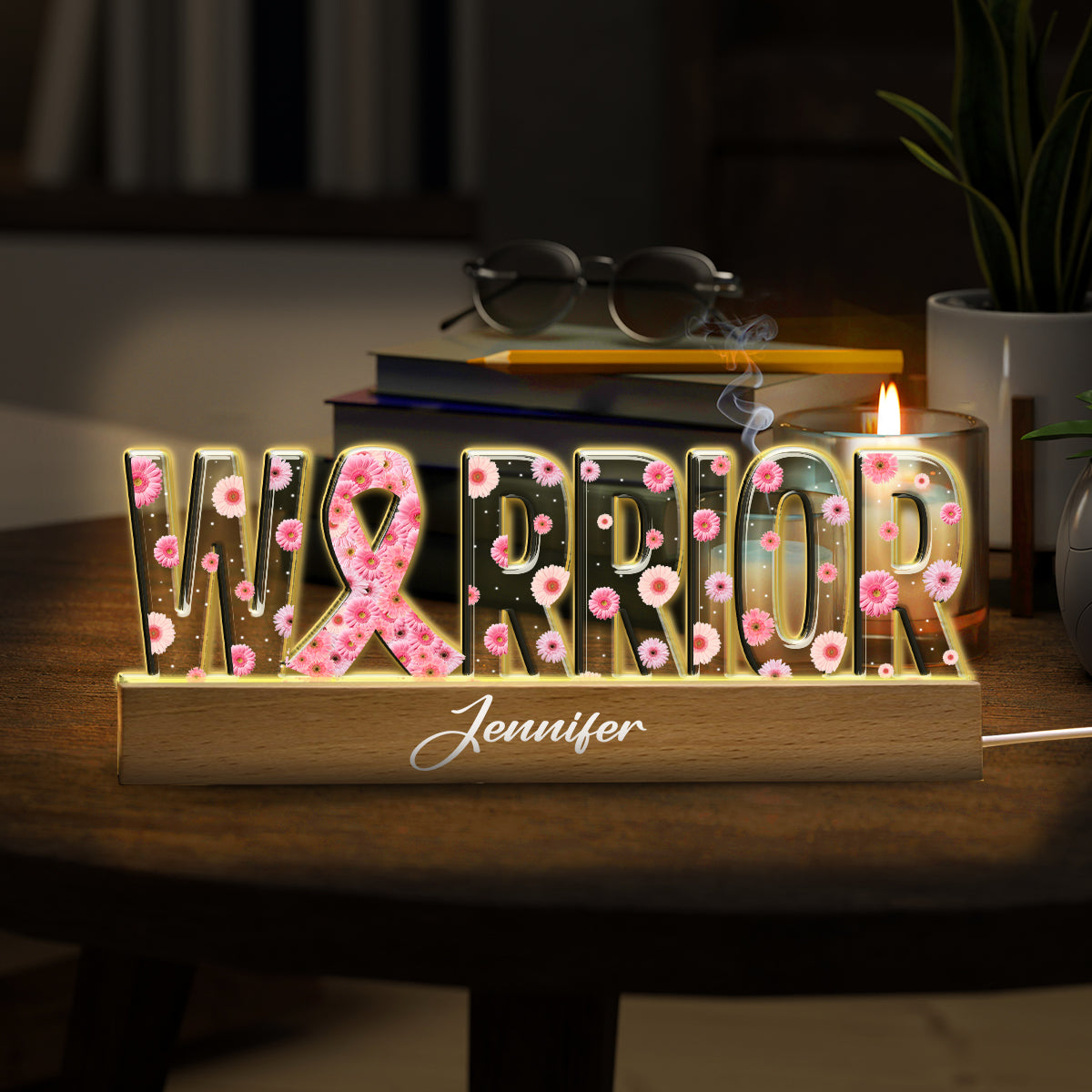 Guerrière du cancer du sein - Veilleuse LED personnalisée pour la sensibilisation au cancer du sein