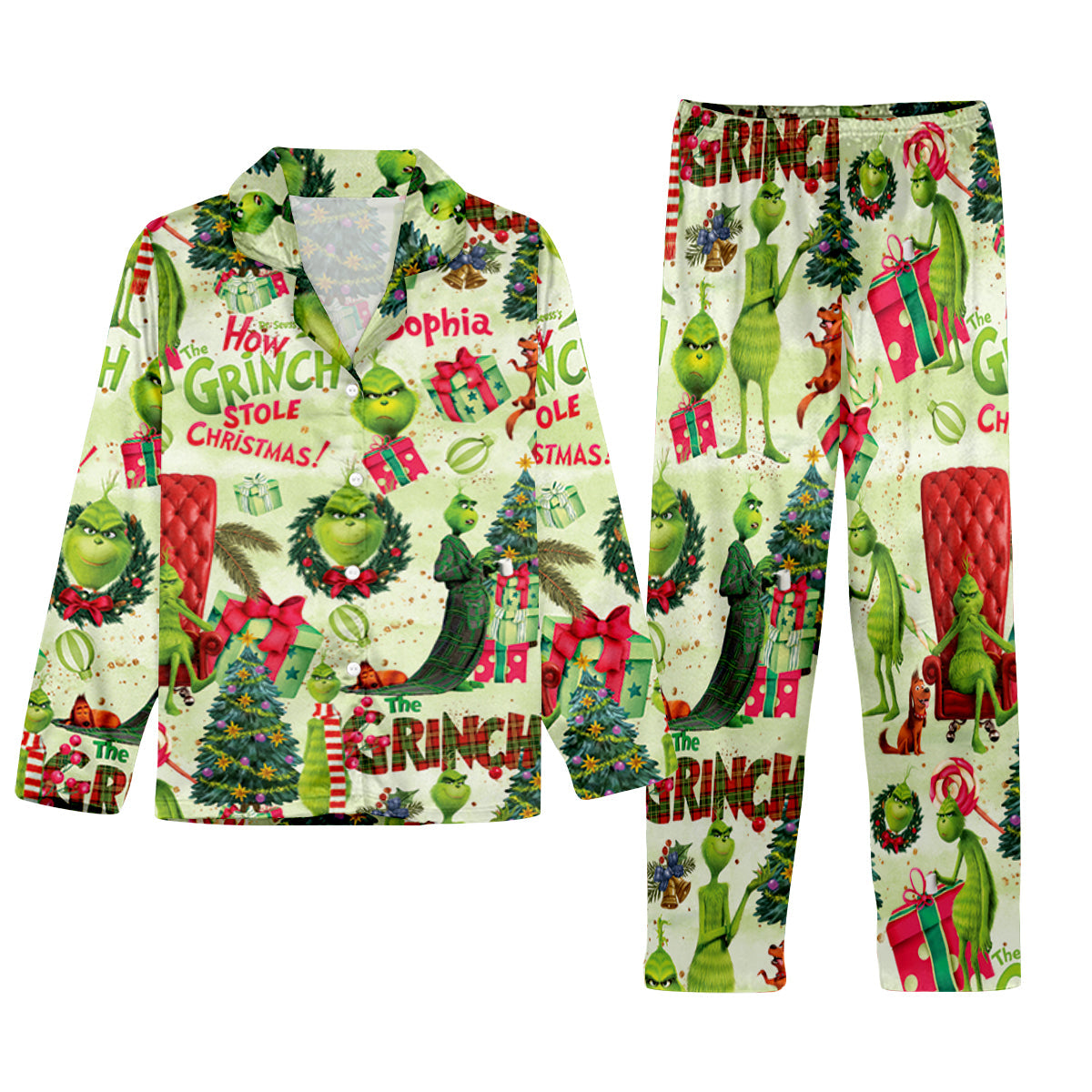 Green Christmas - Personalized Stole Christmas Button Down Pajamas